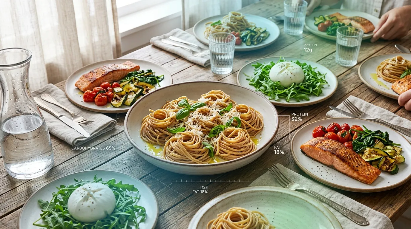 Table avec p&acirc;tes, saumon, &oelig;uf et l&eacute;gumes avec donn&eacute;es nutritionnelles affich&eacute;es