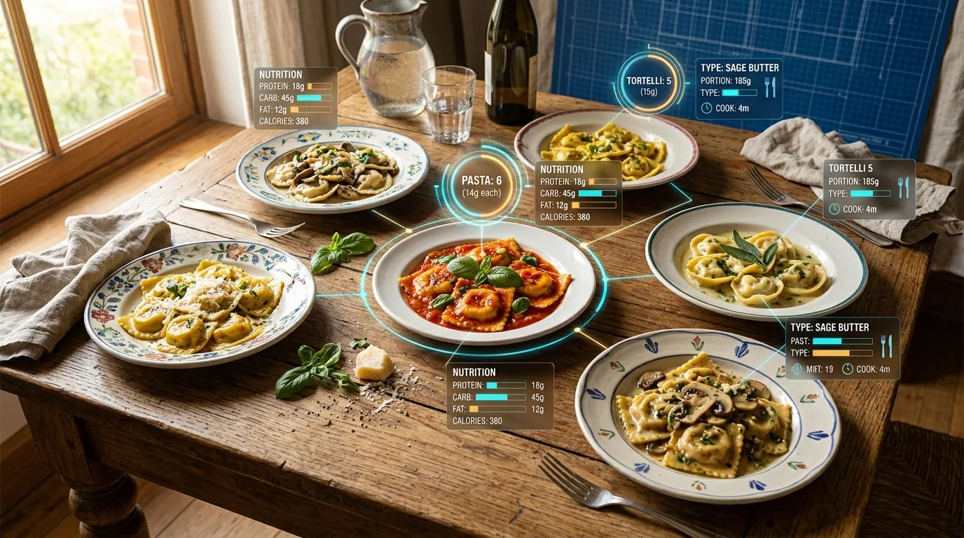 Table avec tortelli vari&eacute;s et informations nutritionnelles affich&eacute;es