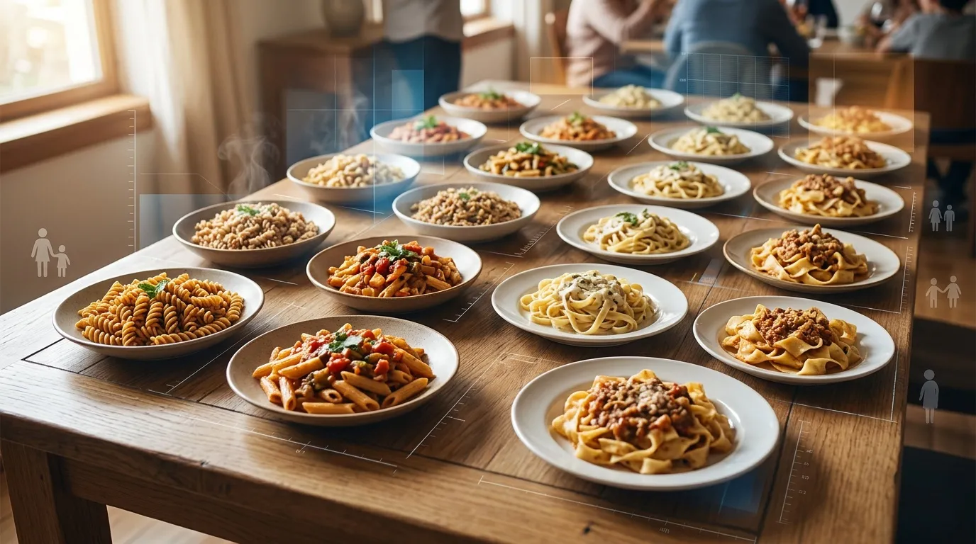 Table avec plusieurs assiettes de p&acirc;tes diff&eacute;rentes pr&eacute;sent&eacute;es