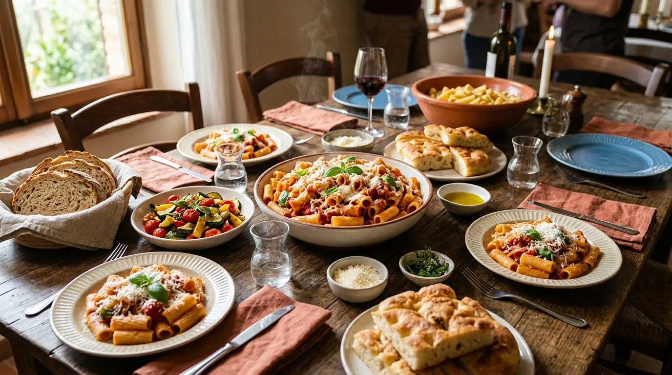 Table dress&eacute;e avec p&acirc;tes, pain, l&eacute;gumes et vin rouge