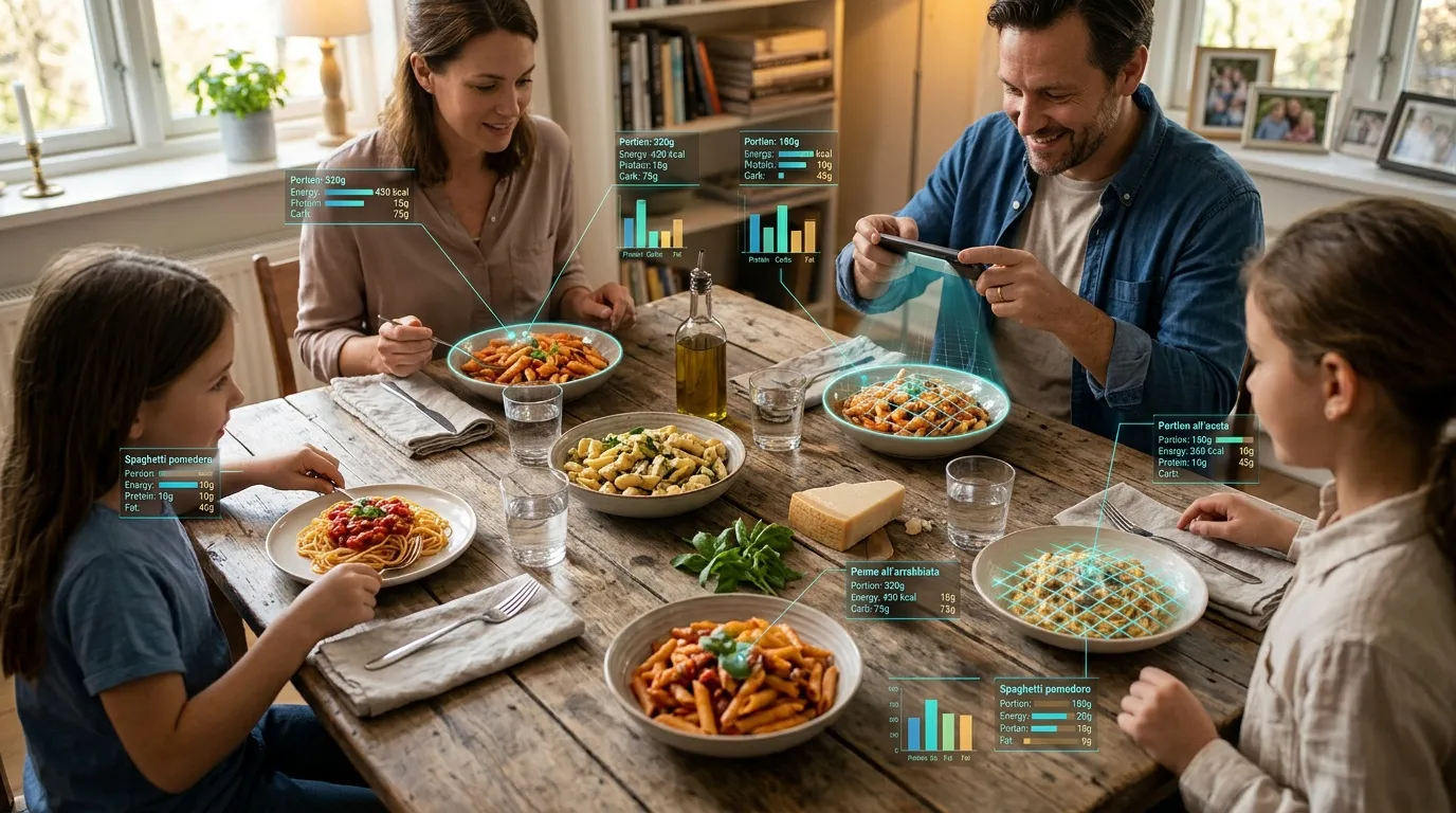Famille d&icirc;nant ensemble avec donn&eacute;es nutritionnelles affich&eacute;es sur les plats