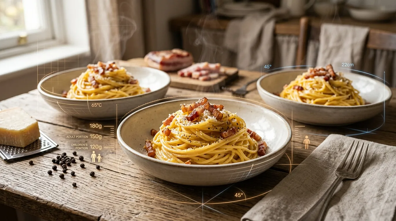 Trois bols de pâtes carbonara avec bacon et fromage râpé