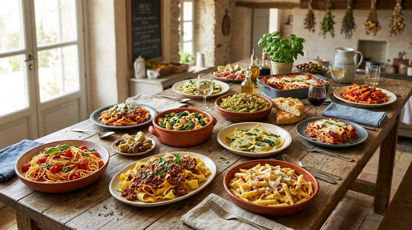 Table rustique avec variété de pâtes et plats italiens.