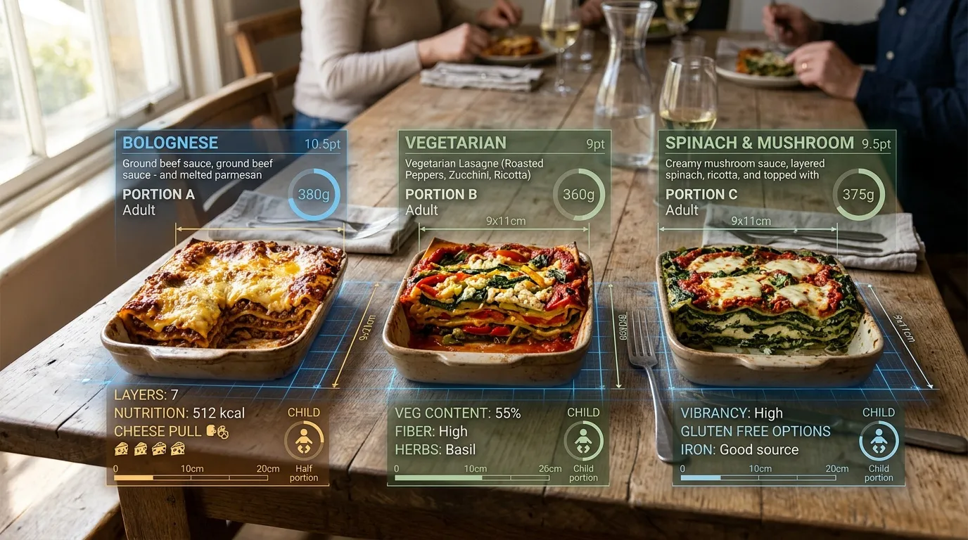 Trois portions de lasagne diff&eacute;rentes sur table bois avec donn&eacute;es nutritionnelles