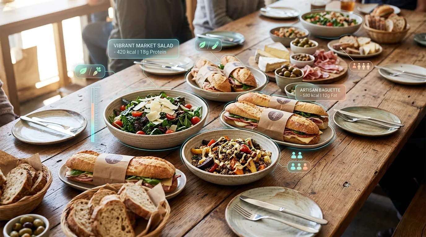 Table de bois avec plats variés et personnes partageant un repas