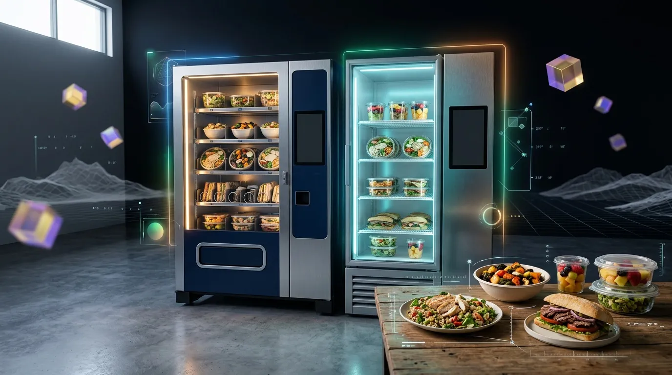 Distributeurs alimentaires automatiques modernes avec néon bleu et vert