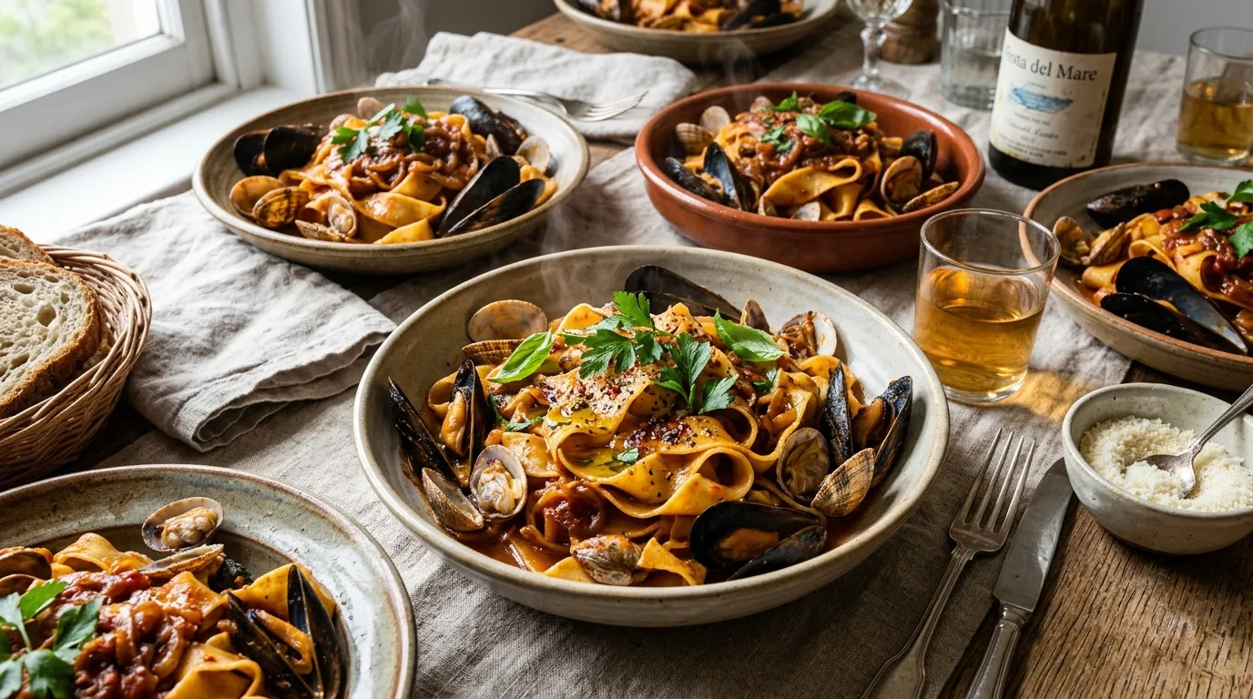 Plusieurs assiettes de pâtes fraîches aux moules et palourdes, service élégant.