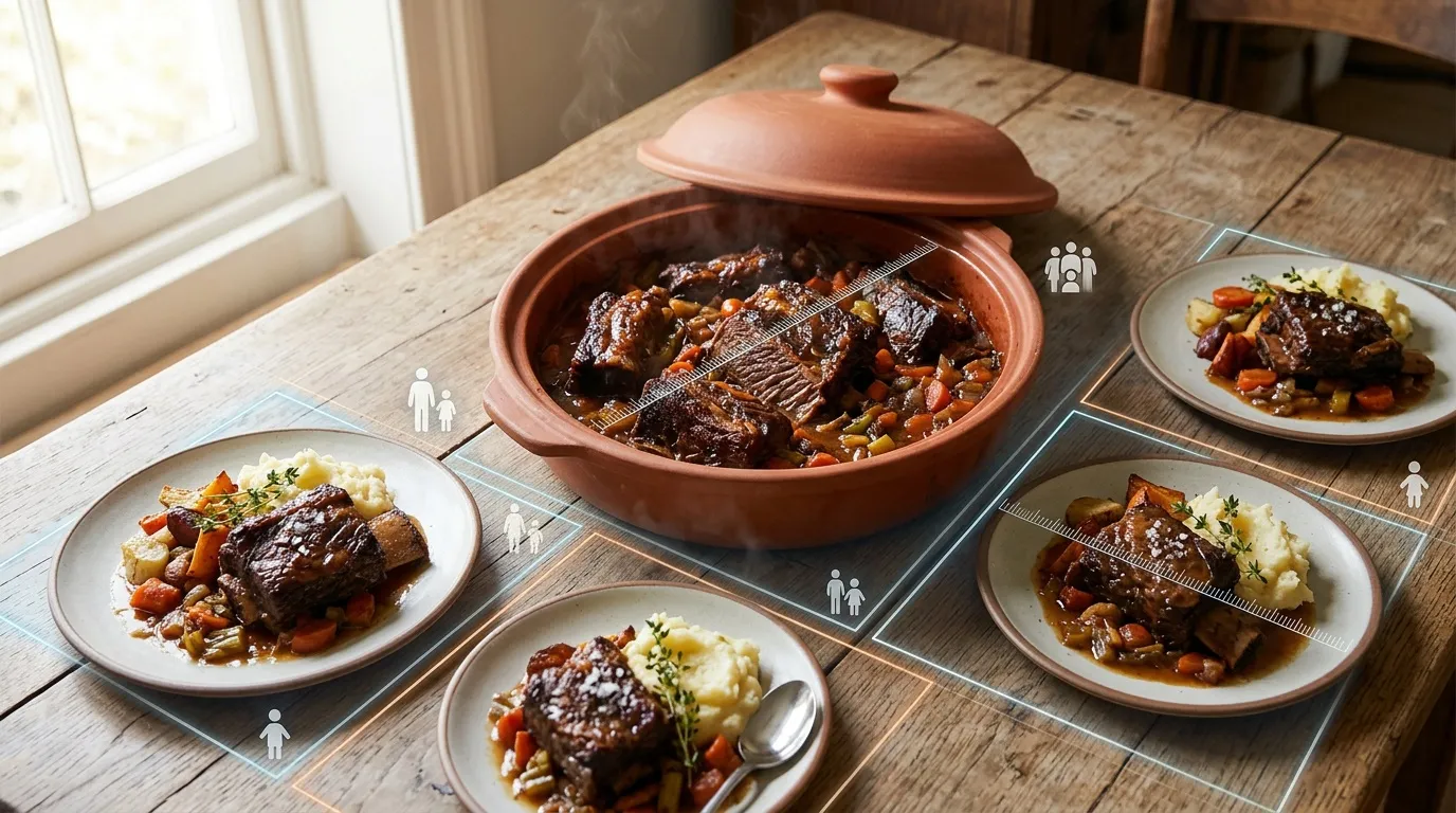 Ragoût de viande avec légumes servi en portions individuelles et cocotte