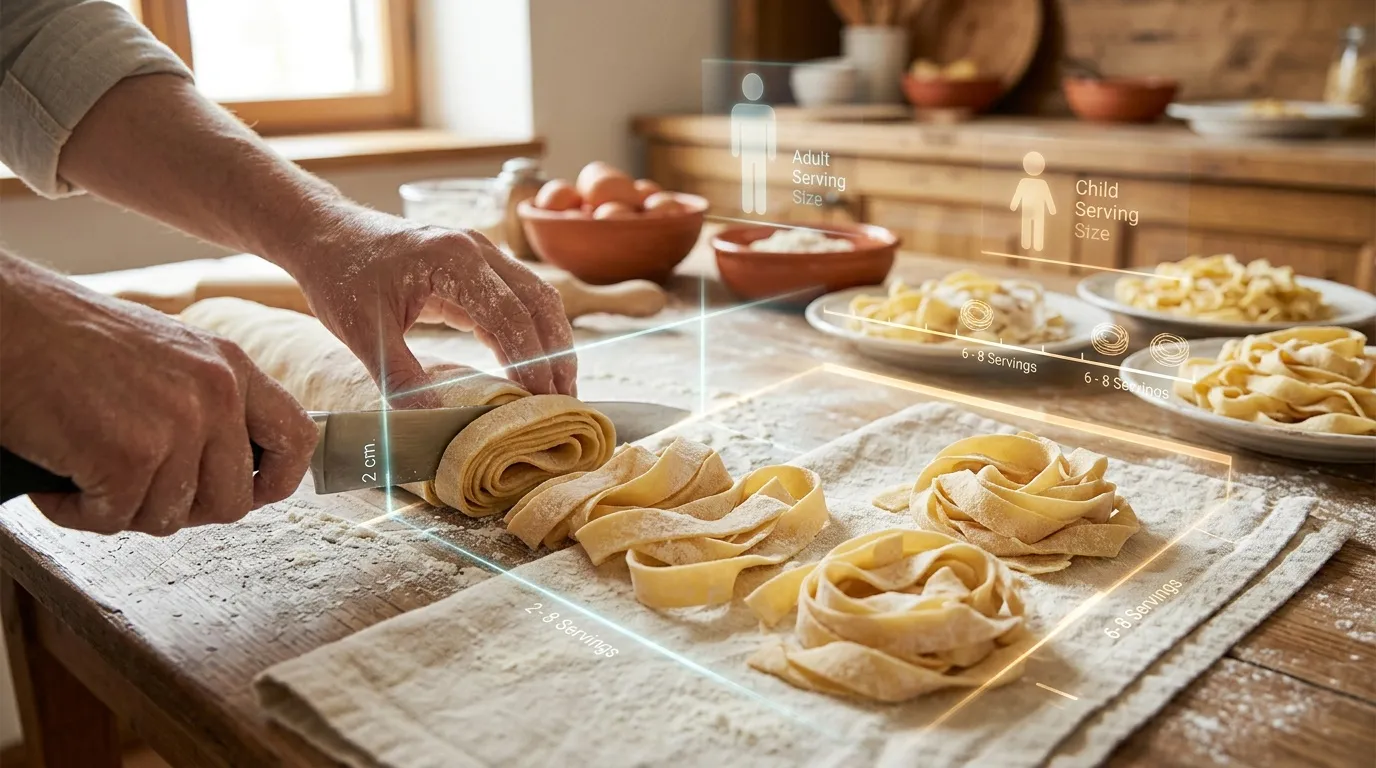 Chef prépare des pâtes fraîches avec informations nutritionnelles affichées