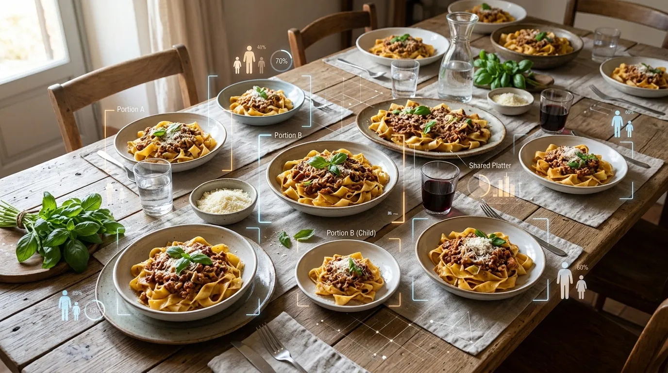 Table avec portions de pâtes étiquetées pour adultes et enfants