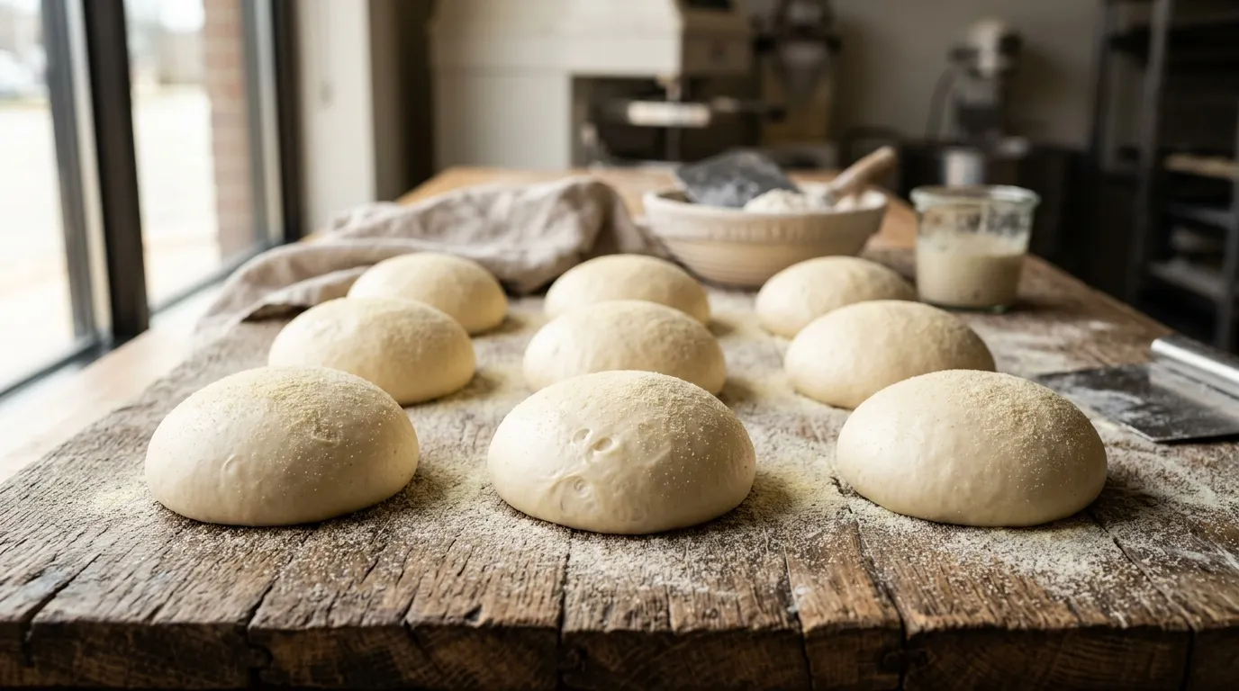 Boules de pâte blanche sur table farineuse, boulangerie