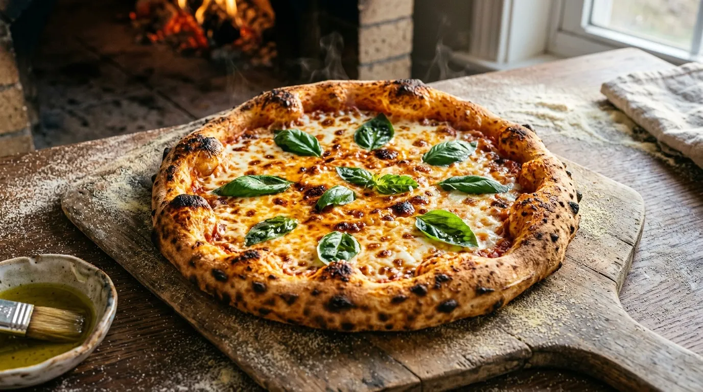 Pizza fraîchement cuite avec mozzarella, tomate et basilic frais