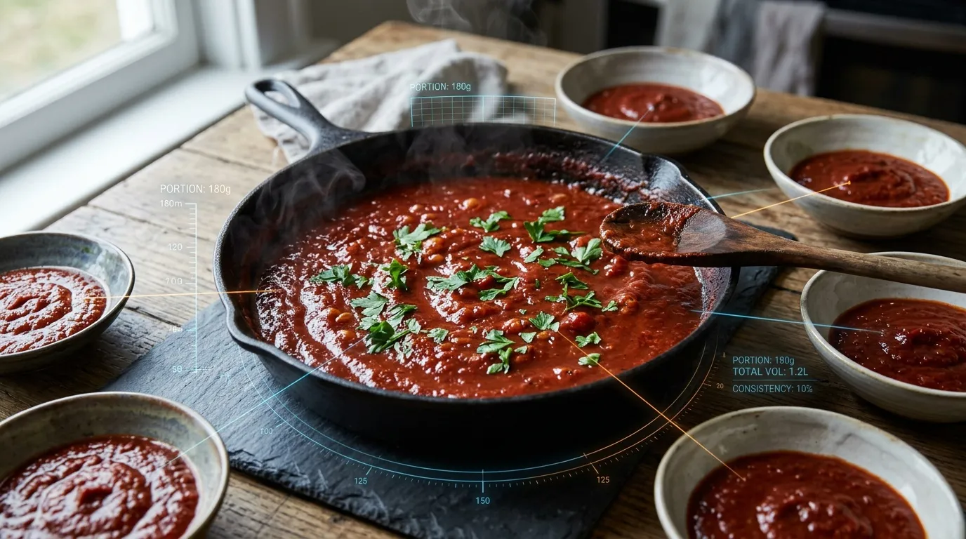 Sauce tomate en casserole avec portions mesurées dans des bols