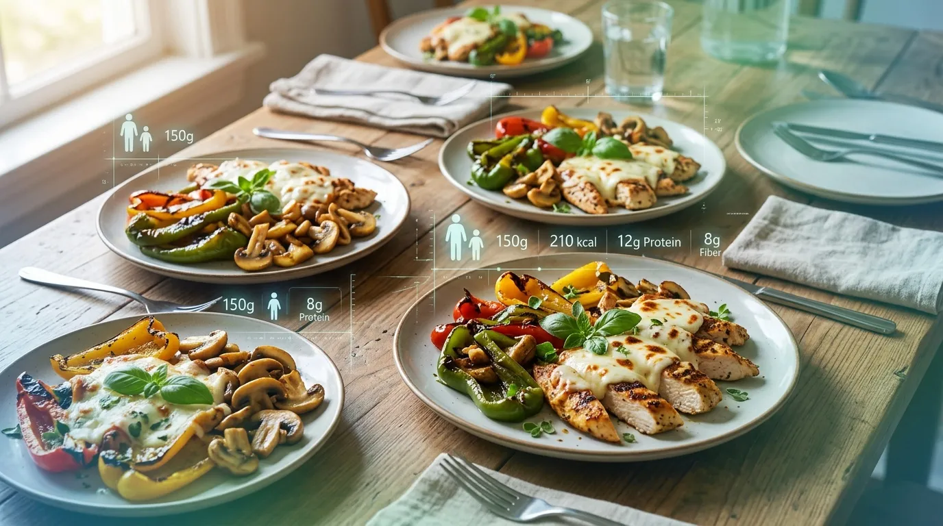 Assiettes de poulet grill&eacute;, l&eacute;gumes et donn&eacute;es nutritionnelles affich&eacute;es
