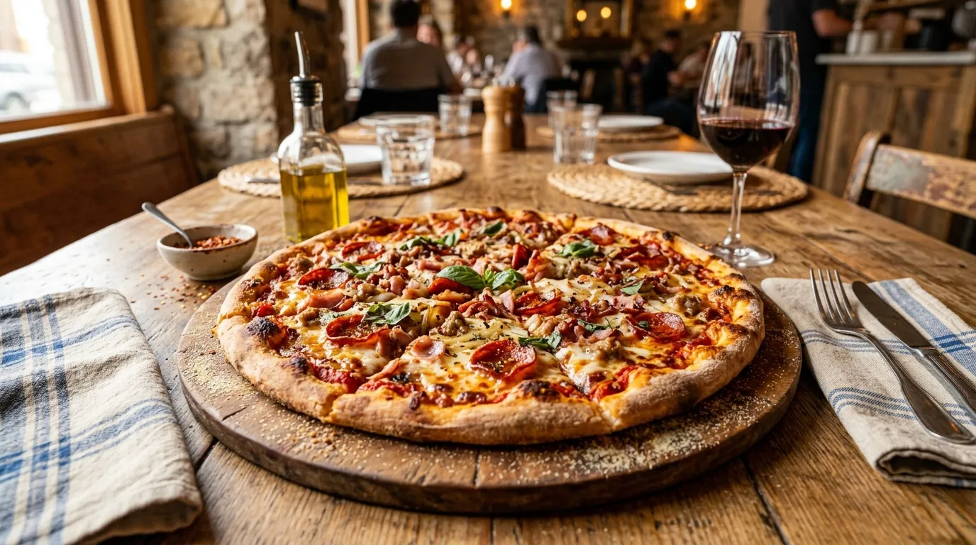 Pizza garnie sur table en bois, verre de vin rouge, restaurant