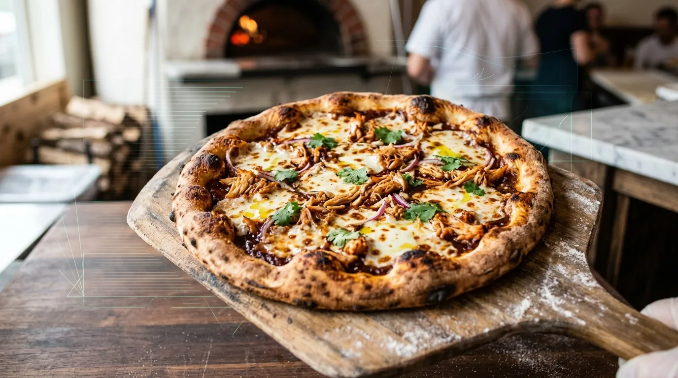 Pizza garnie de poulet, fromage et herbes fra&icirc;ches sur planche bois