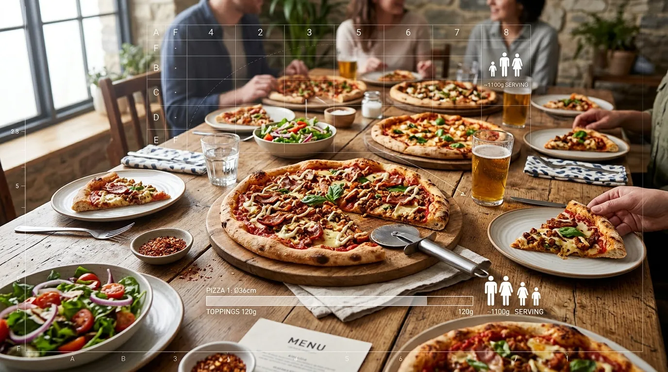 Famille partageant des pizzas et salades autour d'une table