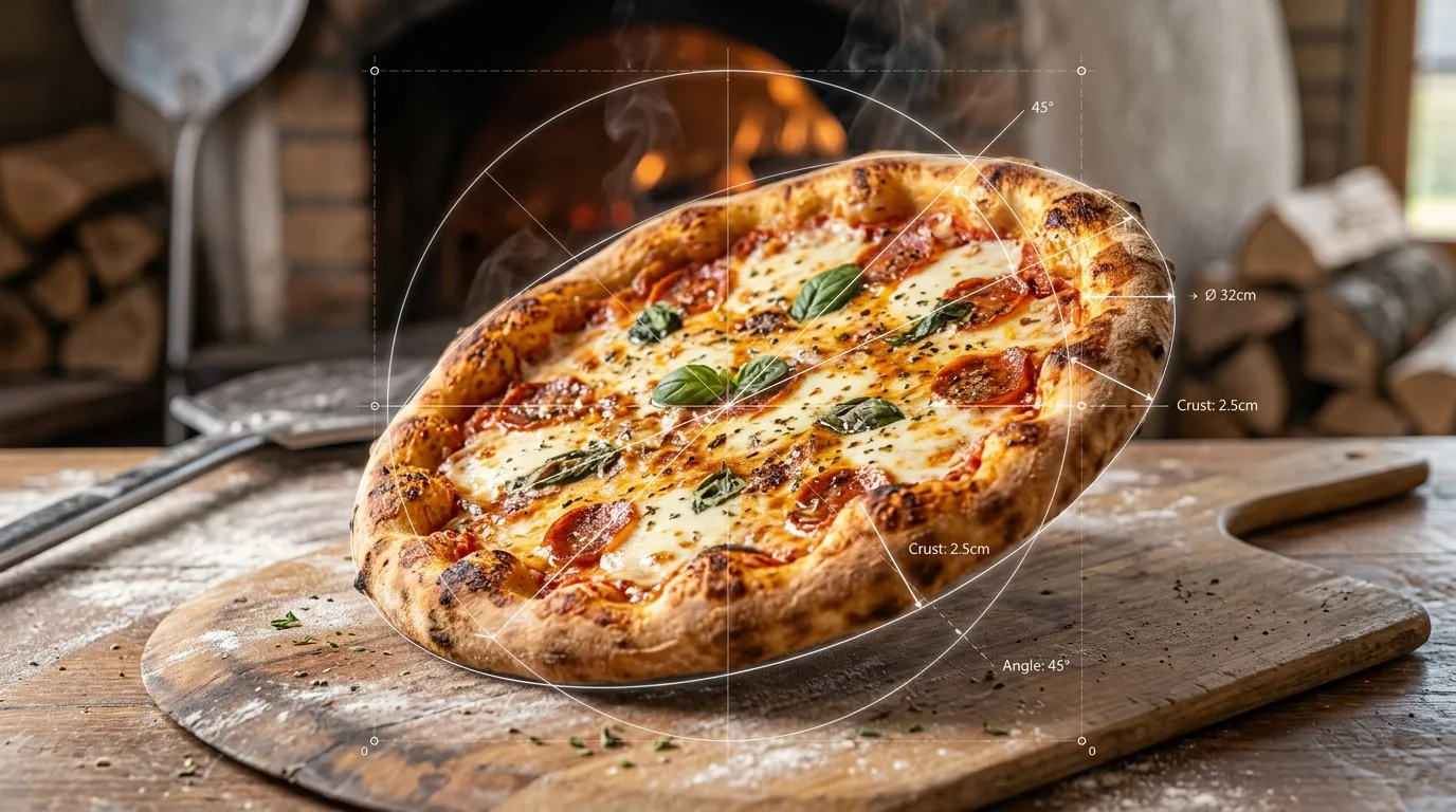 Pizza traditionnelle avec mesures g&eacute;om&eacute;triques et dimensions affich&eacute;es