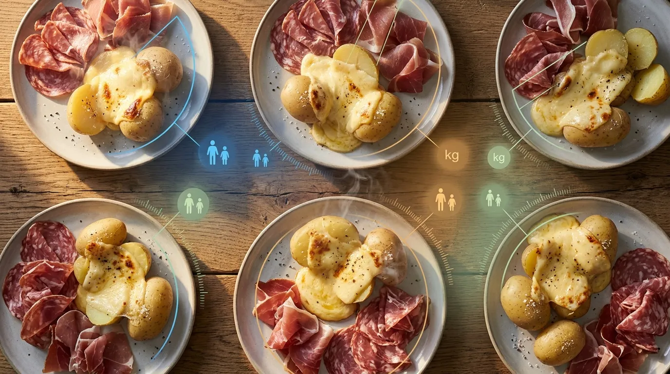 Six assiettes avec charcuterie et pommes de terre, portions familiales