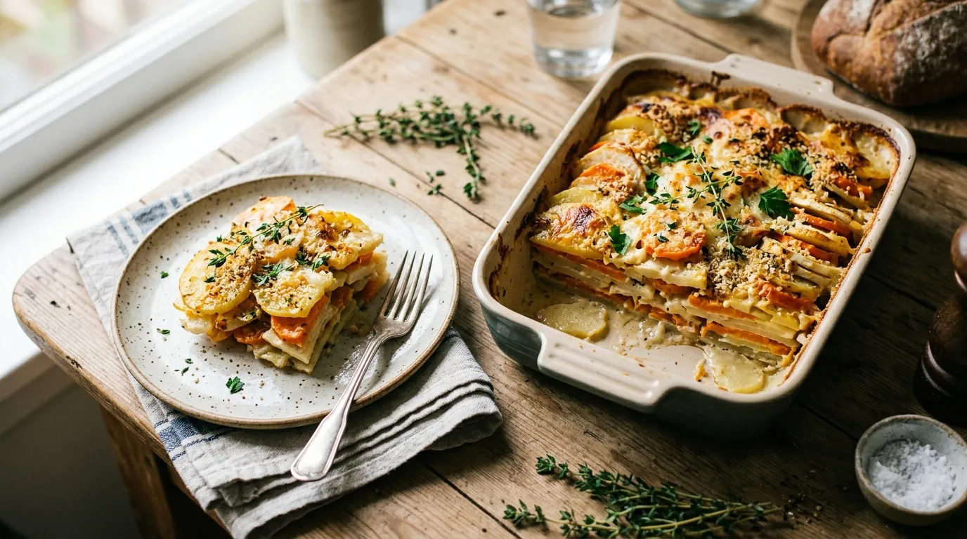 Gratin de pommes de terre dor&eacute;es garnies de thym frais