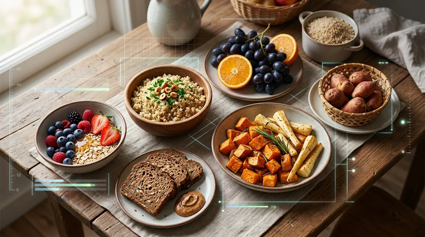 Table avec fruits, céréales, pain complet et légumes rôtis