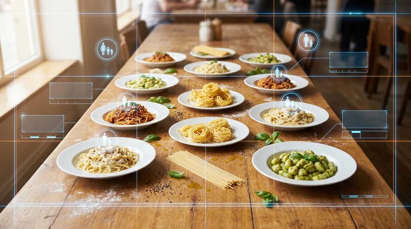 Table de pâtes avec interface technologique et icônes de personnes
