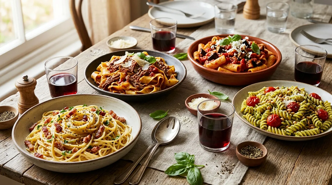 Table avec plusieurs plats de p&acirc;tes italiennes et verres de vin rouge