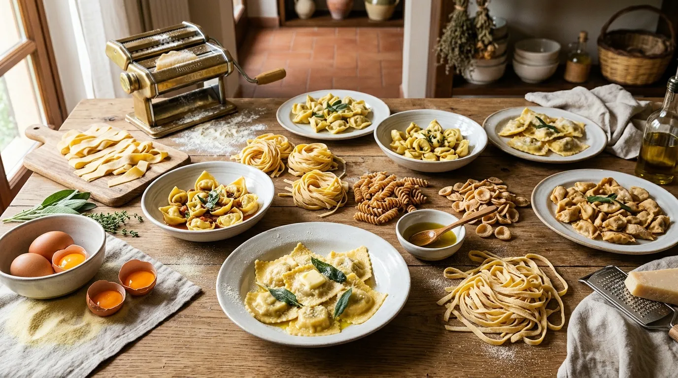 Table de cuisine avec p&acirc;tes fra&icirc;ches, machine &agrave; p&acirc;tes, &oelig;ufs et herbes