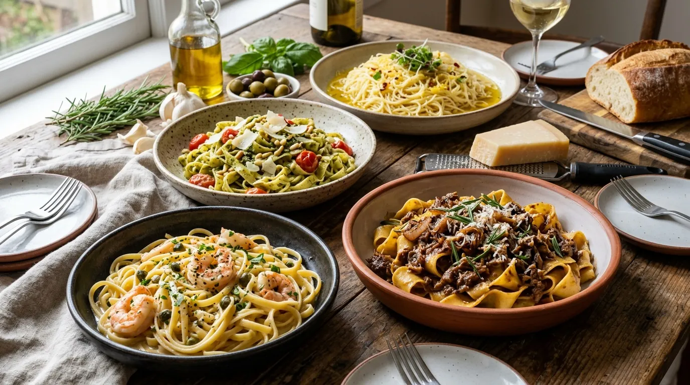 Table dress&eacute;e avec plusieurs plats de p&acirc;tes italiennes fra&icirc;ches
