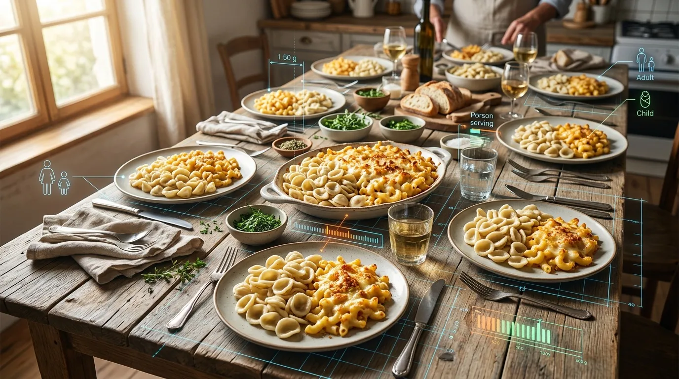 Table familiale avec p&acirc;tes au fromage et portions calcul&eacute;es