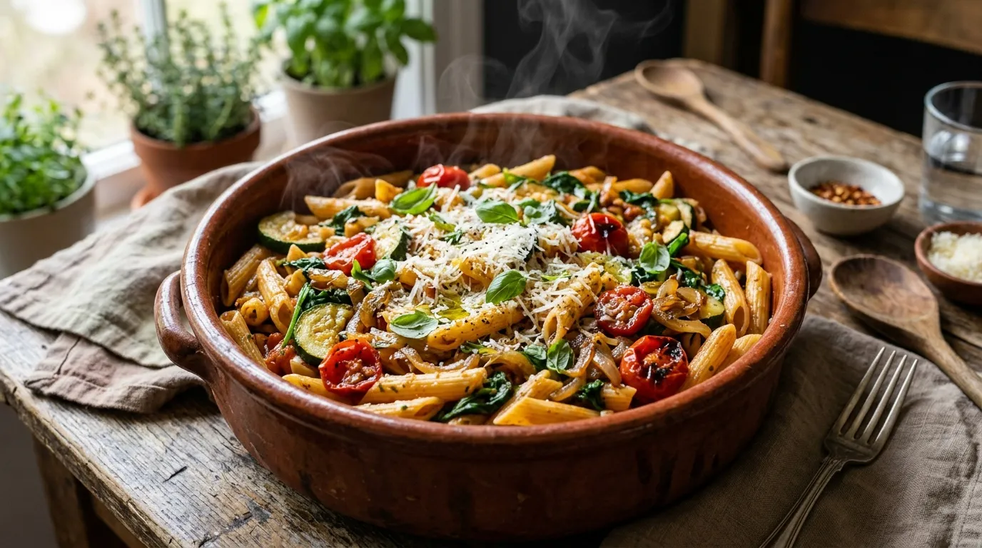 Assiette de p&acirc;tes avec courgettes, tomates et parmesan r&acirc;p&eacute;
