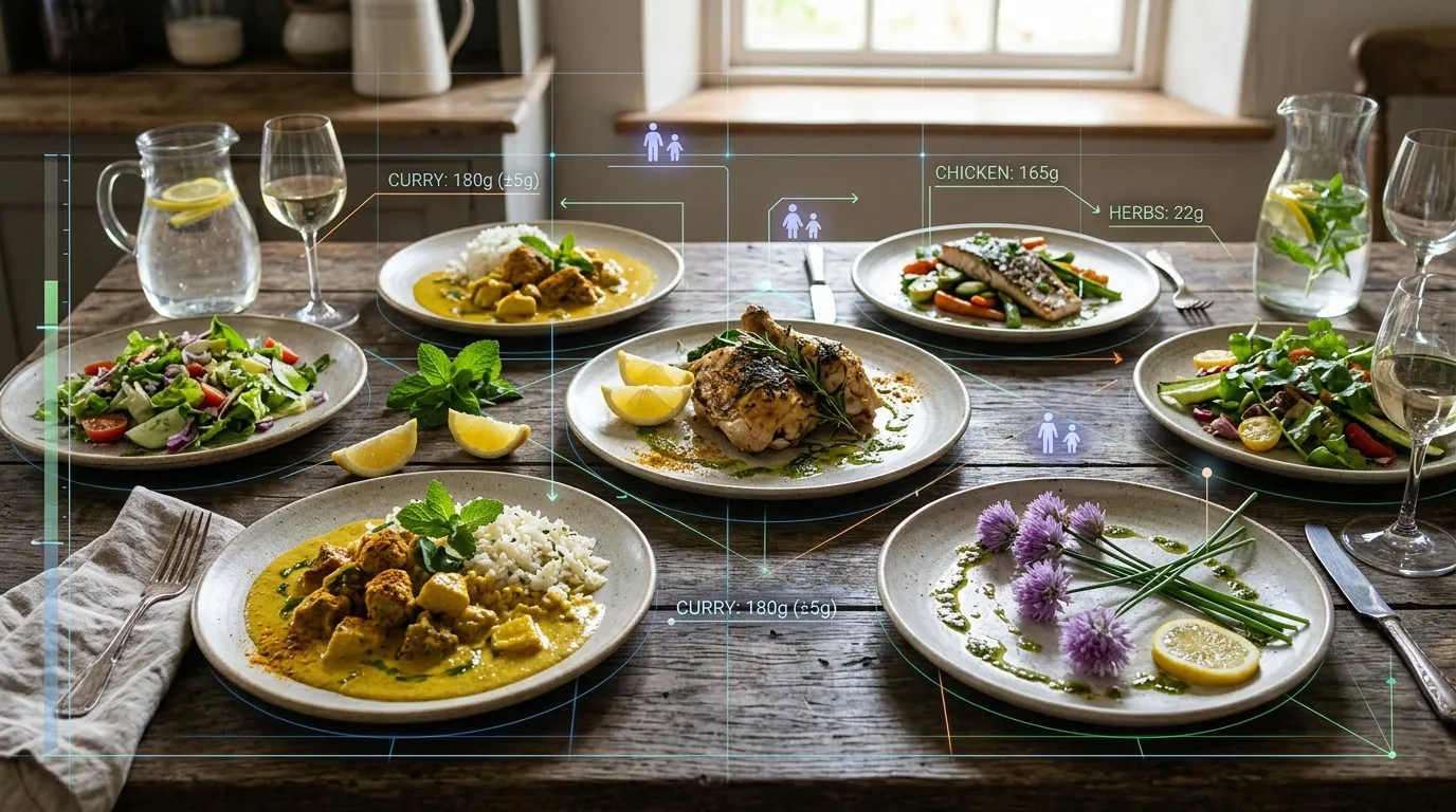 Table dress&eacute;e avec six assiettes et informations nutritionnelles superpos&eacute;es