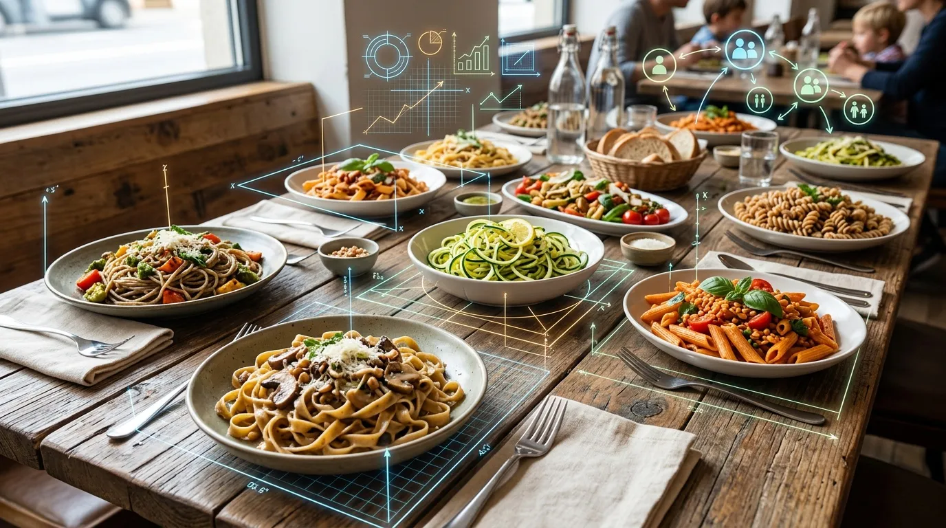 Table avec plats de p&acirc;tes et graphiques num&eacute;riques superpos&eacute;s