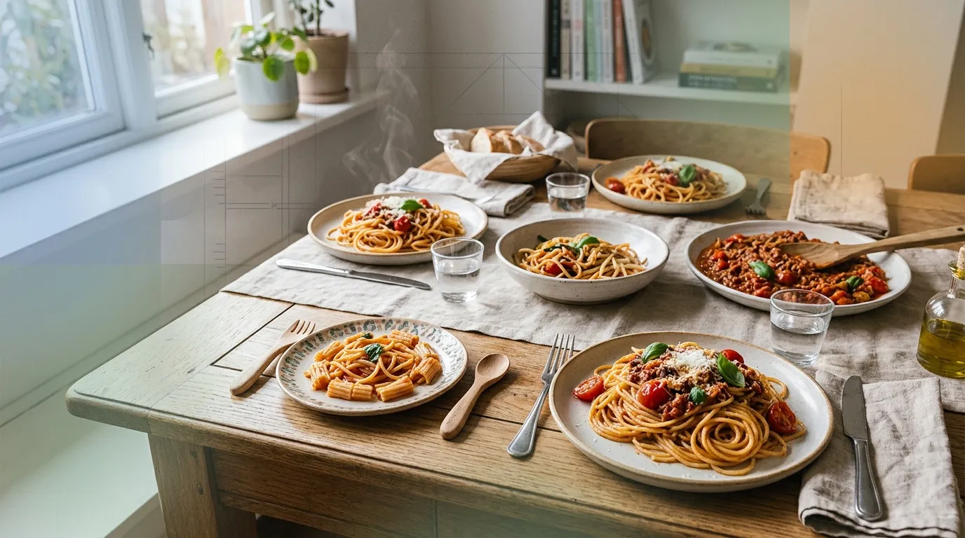 Assiettes de spaghetti et p&acirc;tes servies sur table en bois