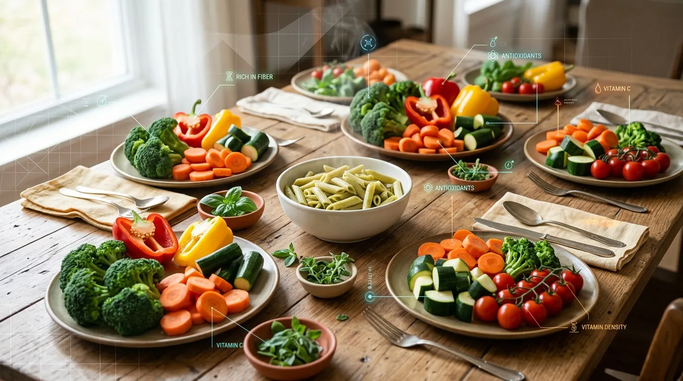 Table dress&eacute;e avec assiettes de l&eacute;gumes color&eacute;s et informations nutritionnelles.