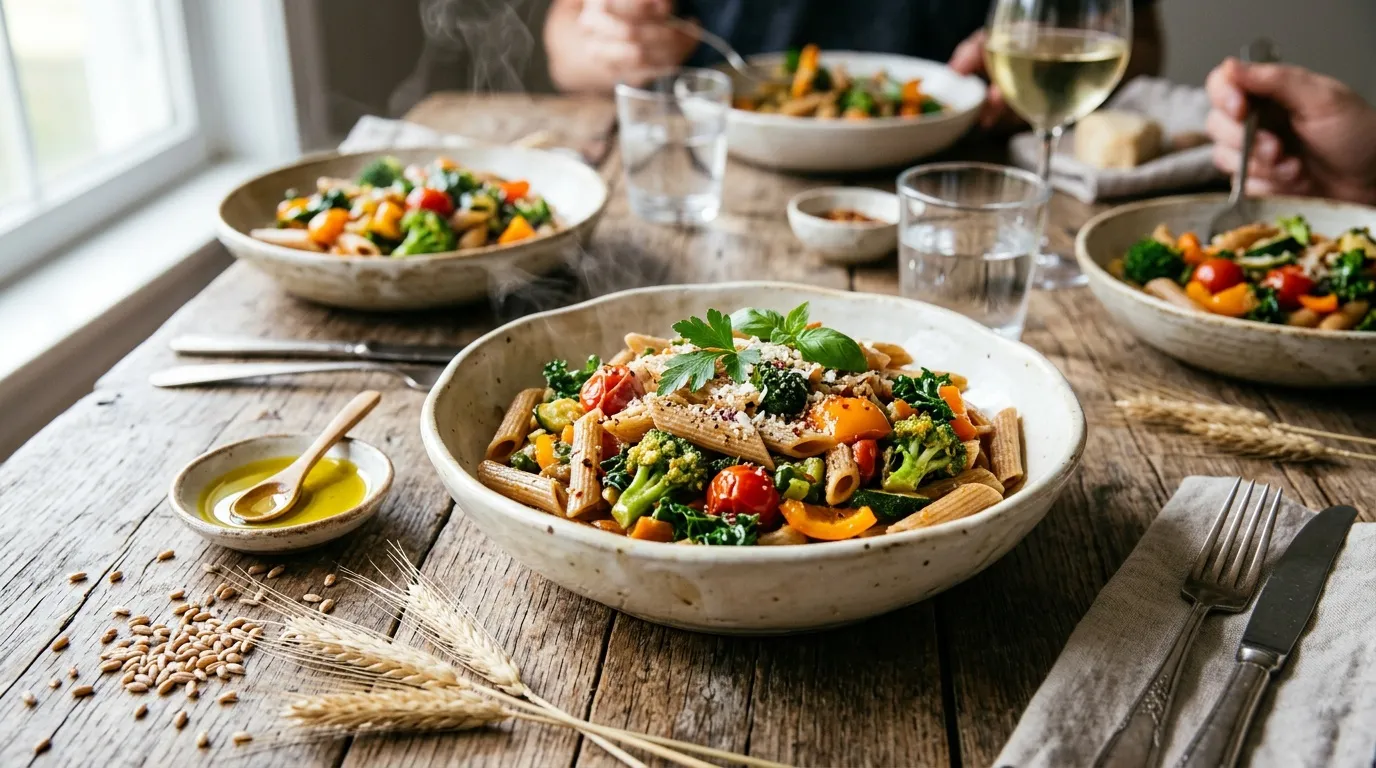 Table avec bols de p&acirc;tes, l&eacute;gumes color&eacute;s et convives partageant un repas