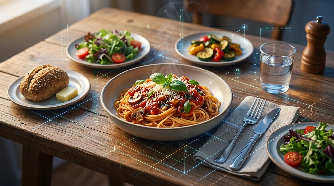 Table avec spaghetti, salades, pain et interface digitale futuriste