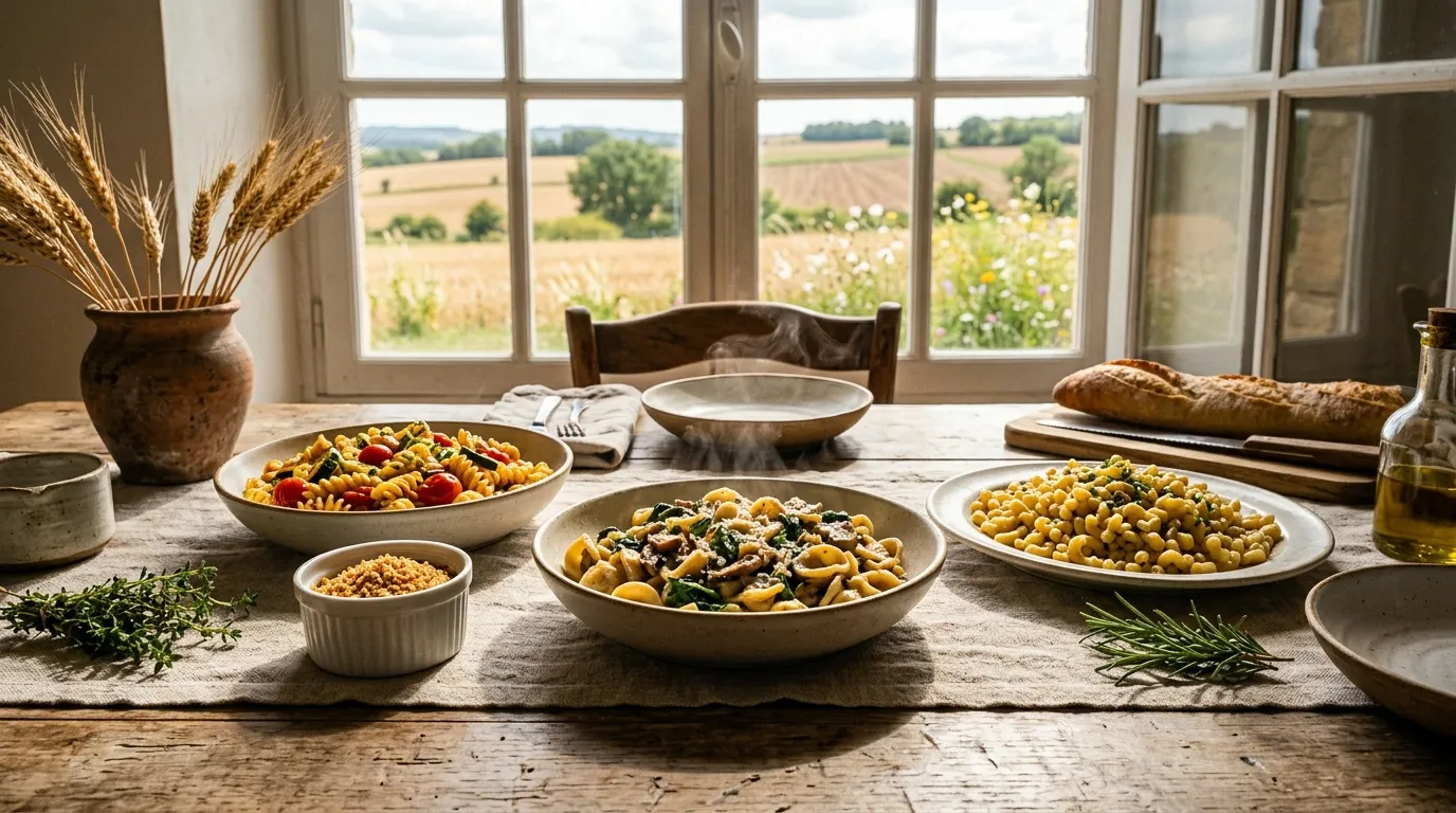 Table de repas avec plats de p&acirc;tes, vue sur champs agricoles.