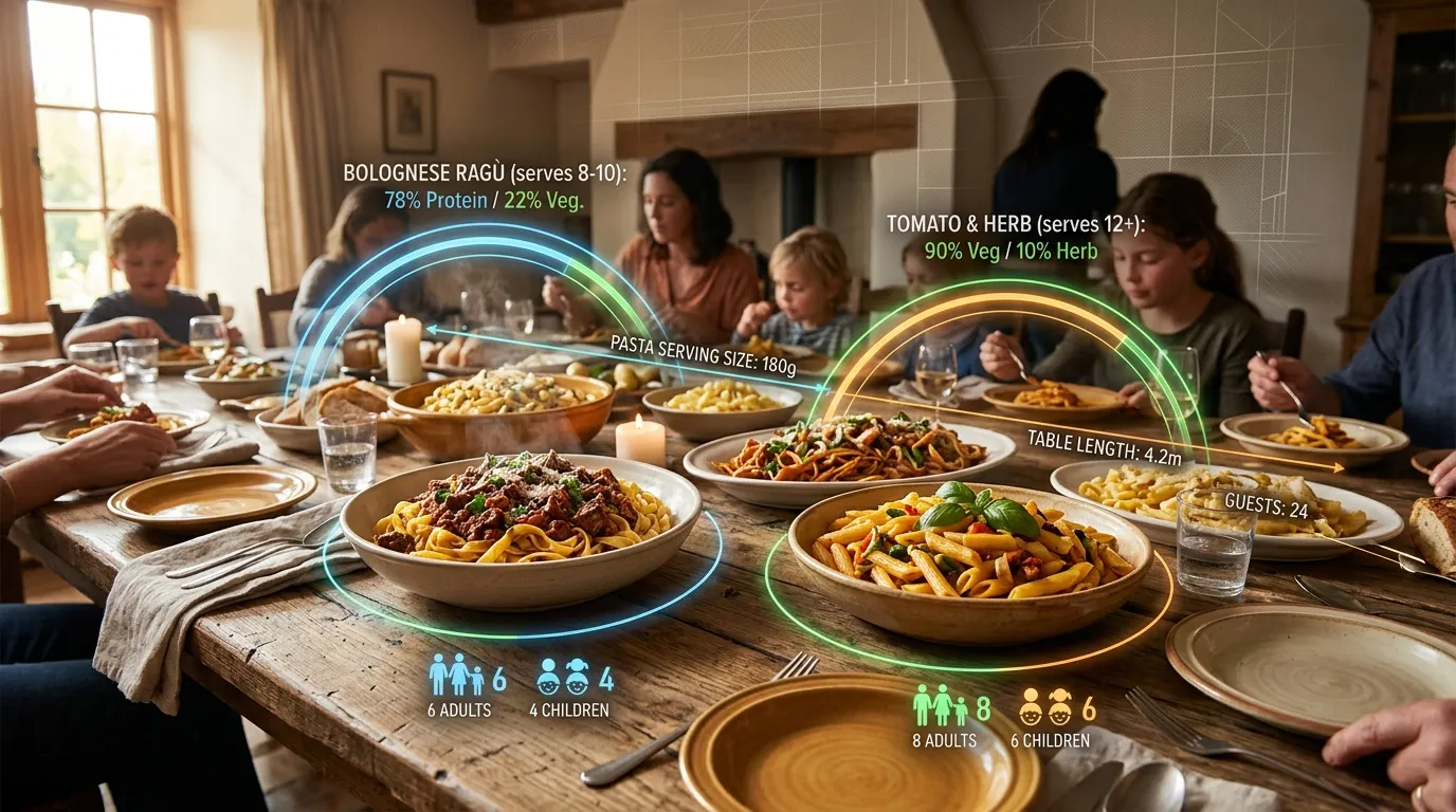 Famille d&icirc;nant avec plats de p&acirc;tes et informations nutritionnelles affich&eacute;es