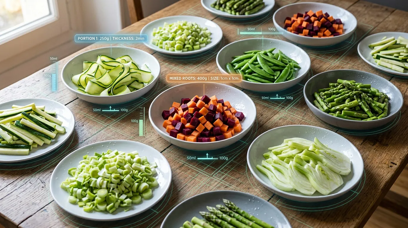 Assiettes de l&eacute;gumes crus d&eacute;coup&eacute;s avec mesures de portions