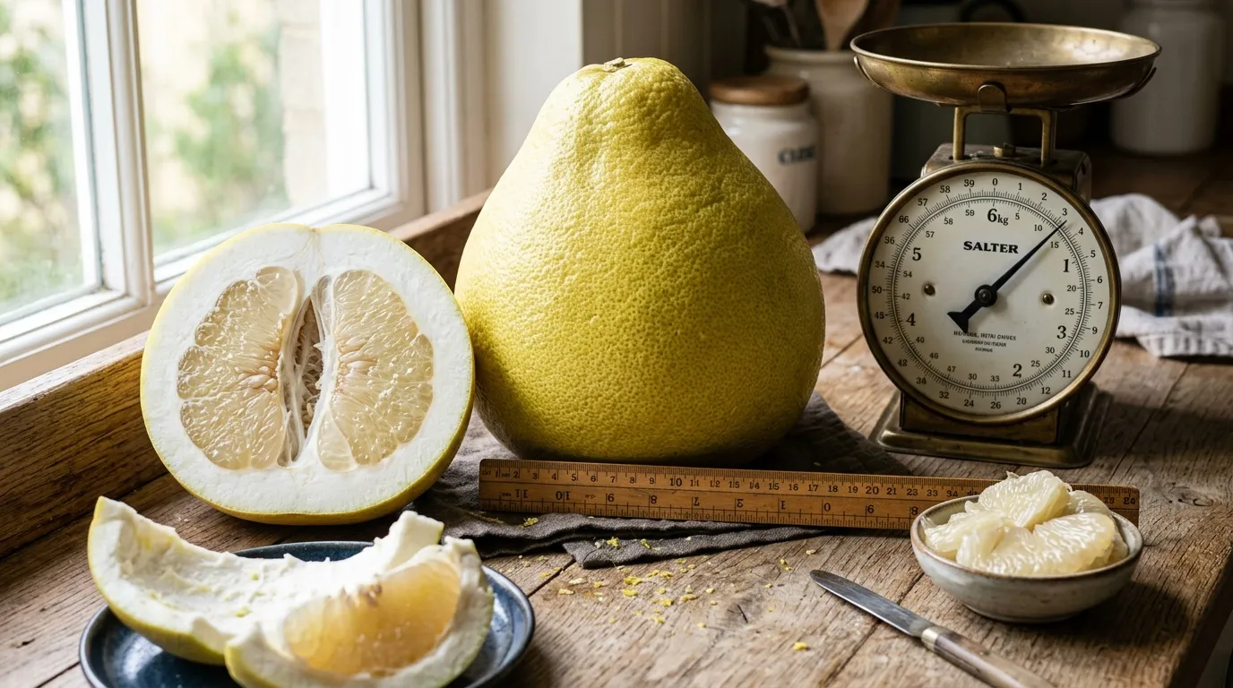 Pamplemousse coup&eacute; avec balance, r&egrave;gle et segments mesur&eacute;s