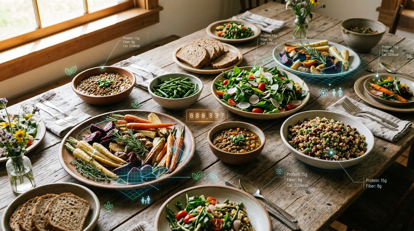 Table avec vari&eacute;t&eacute; de plats sains, l&eacute;gumes, grains, prot&eacute;ines nutritionnelles